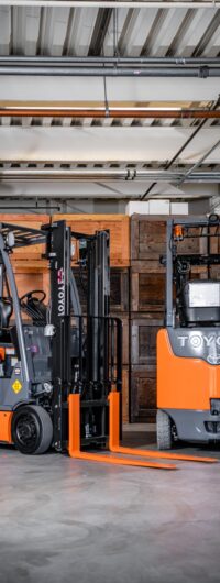 2 Toyota forklifts on display